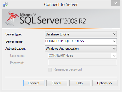 Connect to server window SQL Server 2008